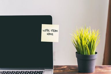 Homeoffice mit Laptop, Pflanze und Post-it