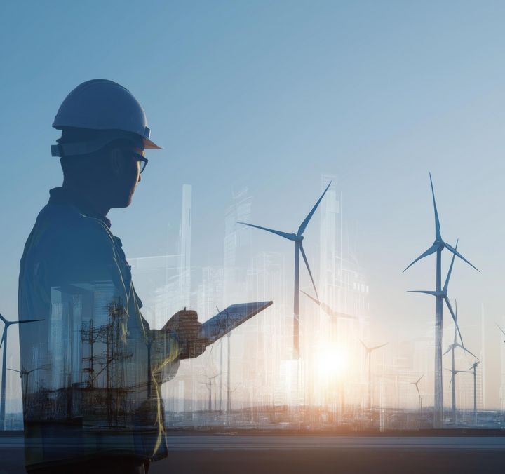 Ingenieur steht vor Windpark